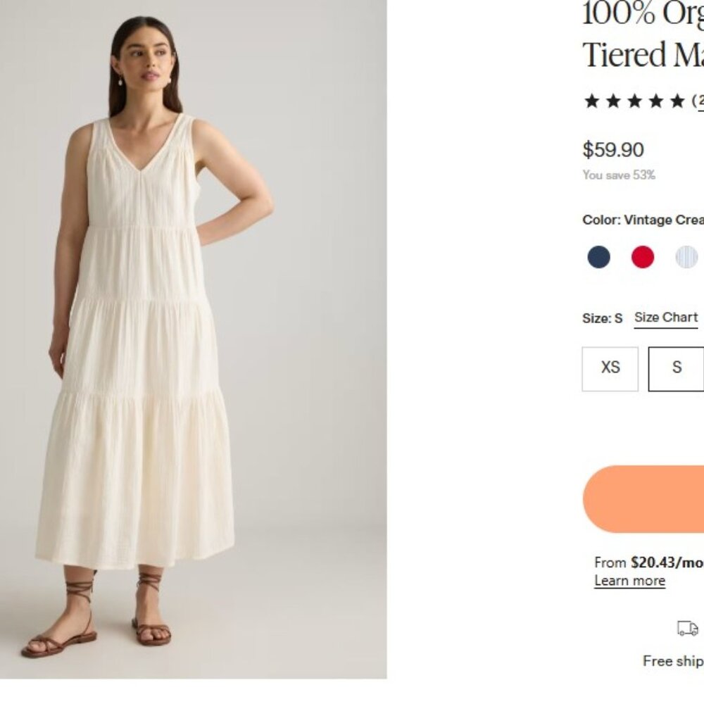 Quince 100% Organic Cotton Gauze Tiered Maxi Dress NWT